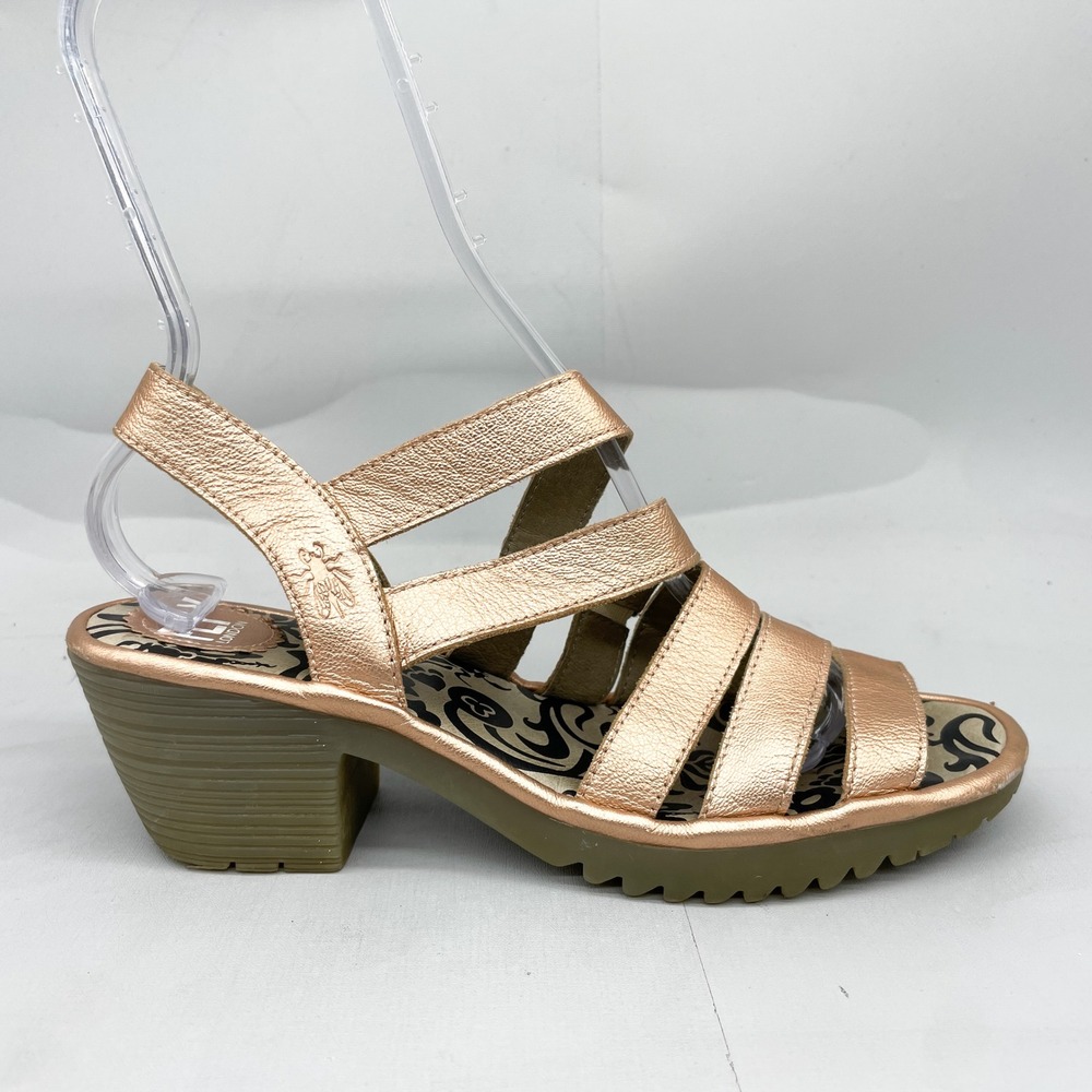 Fly London Woze Sandals Womens 40 9 Rose Gold Metallic Strappy Chunky Heel Boho